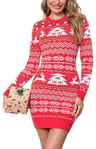 Bresdk Vestido Navidad Mujer Suéter Cuello Redondo Manga Larga Navideño con Copos de Nieve, Árbol y Reno Vestidos Ajustado Invierno para Fiesta y Fotos Navideñas Rojo M