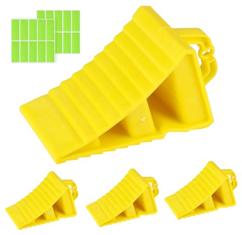SWAWIS 4 Pezzi Cunei per Ruote in PE Plastica 190x107x107mm Giallo, con Maniglia e 20 Adesivi Riflettenti, Antiscivolo, per Rimorchi Caravan Camper Auto