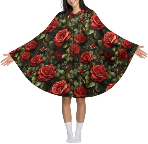 Novastar Coperta indossabile con cappuccio per donne e uomini, classica stampa con rose rosse, coperta invernale calda, scialle, morbida e accogliente flanella oversize indossabile, mantello con tasca