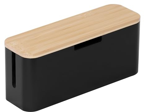 Relaxdays Kabelbox för grenuttag, bambu, lock HBT 14,5 x 34 x 11 cm, dold kabel, uttagslåda, natur/svart