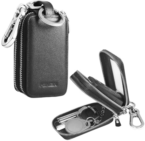 Funda de cuero para llavero de coche, bolsos universales para coche, con gancho de metal y llavero, bolsa con cremallera, ventana transparente, llavero para coche para hombre y mujer