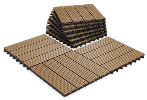 CLICK-DECK Composite Decking Tiles 30x30cm Interlocking Outdoor Deck Tile | Patio, Balcony, Roof Terrace & Hot Tub | Easy Tool-Free Installation | Low Maintenance, Weather-Resistant (144 Tiles, Teak)