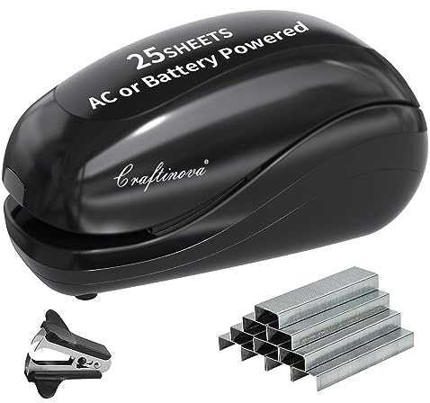 Craftinova Electric Stapler,Including 2000 Staples and 1 Staple Remover, Suitable for Palm Size and high Comfort，25 Sheet Capacity, AC Adapter or Battery Powered，Battery not Included，(Black)…