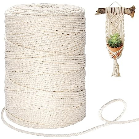 Homewit Macrame Cord, 3mm x 300m Cotton Macrame Rope, 4-ply 10 strands Twisted Soft Unstained Cotton Rope for Handmade Plant Hanger, Wall Hanging Craft Knitting, Decorative Projects - Beige