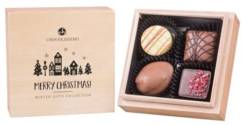 CHOCOLISSIMO Scatola di cioccolato - Regalo di praline per San Nicola, Natale - 4 cioccolatini fatti a mano in una scatola di legno - Idee regalo per uomini e bambini - Premiere di Natale Quadro