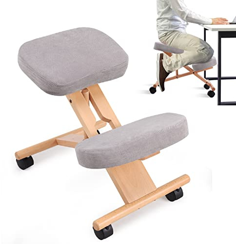 Multigot Kneeling Chair, Adjustable Height & Angle Ergonomic Stool with Padded Seat and Wheels, Wooden Frame Posture Corrective Chair for Home Office (Grey)