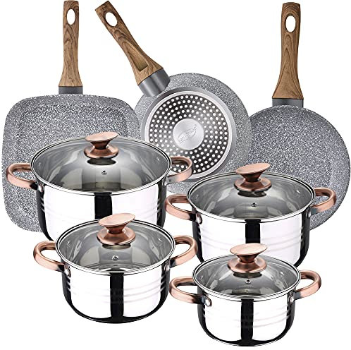 Bateria de cocina 8 piezas SAN IGNACIO Premium Nona, acero inoxidable, con juego sartenes (18/22 cm) y grill 28x28 cm Daimiel en aluminio forjado