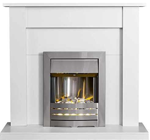 Adam Sutton Fireplace in Pure White with Helios Electric Fire In Brushed Steel, 43 Inch
