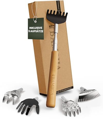 BAMBUA Rückenkratzer Ausziehbar - [Inklusive 5 Aufsätze] Bambus-Griff - Für Wohltuende Kratzgefühle - Mühelos jede Stelle erreichen - Premium Edelstahl Rückenkratzer Set - Ideal als Geschenk