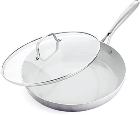 GreenLife Tri-Ply Edelstahl Gesunde Keramik Antihaftbeschichtung, 30,5 cm Bratpfanne mit Deckel, PFAS-frei, Multi-Clad, Induktion, spülmaschinenfest, ofenfest, Silber