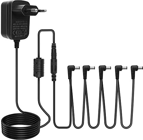 Blocs d'alimentation pour Pédale à Effets de Guitare 9V 1A, Centre Négatif Manchon Positif, Adaptateur Secteur Chargeur Mural avec Câbles en Guirlande à 5 Voies pour Pédale, Looper, Quelques Claviers