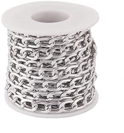Craftdady Cadenas ovaladas de aluminio de oxidación de 5 m sin soldar, cadena de cable cruzado con carrete para hacer collares, pulseras, joyas, plata