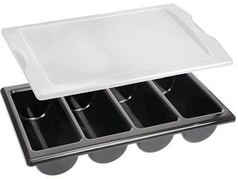 GRÄWE Besticklåda med 4 fack och lock, bestickförvaring, bestickbehållare, besticklåda av plast, svart, stapelbar, bestickförvaring, diskmaskinssäker