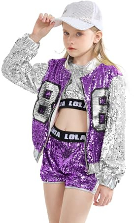 LOLANTA 4 Piezas de niñas Hip Hop Dance Costume Kids Lentejuelas Jazz Dance Clothes Set Calcetines adjuntos, 4-15 años