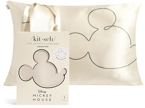 Mickey/Minnie x Kitsch Satin Pillowcase with Zipper - Softer Than Silk Pillow Cases for Hair & Skin Cooling Pillow Cases Covers | Satin Pillow Cases Standard Size (Mr. Mouse, 1 Pack)