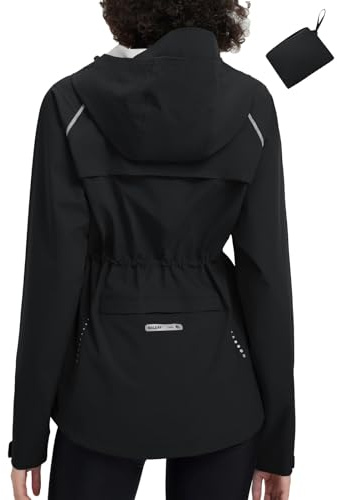 baleaf Women's Rain Jackets Waterproof Windbreaker Packable Lightweight Cycling Running Jacket Hiking Gear Reflective Hooded Black L