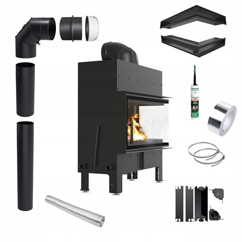 KRATKI Inserto per camino a legna in acciaio Floki nero, 10 kW ∅200 BImSchV 2 efficienza 83% inserti camino in legno, gamma di potenza 4-13 kW, inserto tradizionale per camino, set completo con