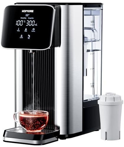 KOMORE 2.5L Instant Hot Water Dispenser, Water Dispenser with Filter, Black | with 7 Temperature Presets & 7 Volume Options, 2600W Fast Boil, Auto Clean & Descaling, Child Lock, LED Touch Display