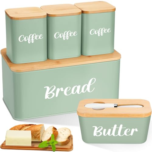 Domensi Metal Bread Box and Ceramic Butter Dish with 3 Airtight Kitchen Canisters Farmhouse Storage Canister Set for Kitchen with Bamboo Cutting Board Lid and Stainless Steel Butter Knife (Green)