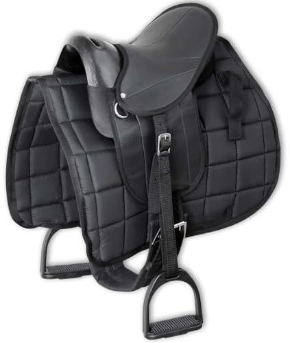 Kaloriko Juego de sillín para pony, 10 pulgadas, color negro, con cubierta de sillín, estribo, correa y soportes, sillín de plástico ligero para ponis, duradero, cómodo, adecuado para entrenamiento