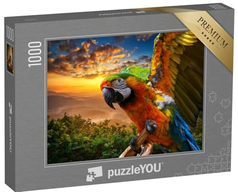 puzzleYOU: Puzzle 1000 Teile „Prächtige Farben der Natur: Ara im Sonnenuntergang“ – aus der Puzzle-Kollektion Tiere, Vögel, Papagei, Tiere in Dschungel & Regenwald