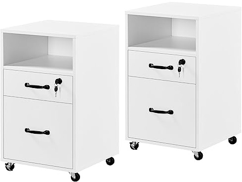 Yaheetech 2pcs File Cabinet Mobile Letter Size File Storage Organizer Large Lateral Filing Cabinet with 2-Drawer and 1-Open Shelf Vintage Printer Stand for Home and Office White