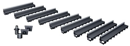 MEA Pack de 9 Caniveaux Extérieurs MEAPARK – Grille à Fente en PP Recyclé + Profil E-Blade L en INOX – Drainage Terrasse, Piscine, Jardin – Classe A15 Piéton – Largeur utile 10 cm
