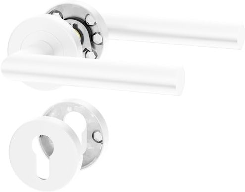 ERGO line NINA Poignée de porte d'intérieur, blanche, pour portes équipées d'une serrure à cylindre, paire de poignées de porte sur rosaces rondes, blanche mate, acier inoxydable, poignée