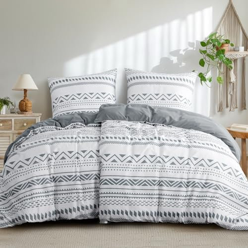 Aisbo Bettwäsche 135x200 4teilig Bettdeckenbezug - Bettwäsche Set 135 x 200 cm Boho Grau Muster mit 2 Kissenbezügen 80x80 cm, Mikrofaser Bettbezug 2er Set mit Reißverschluss, Bügelfrei und Weich