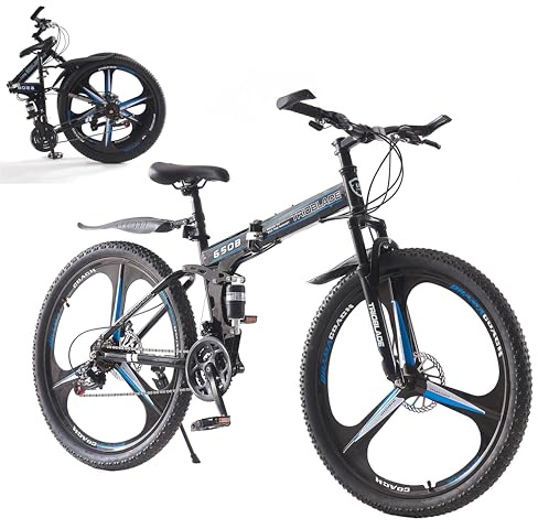 LSLIFE Folding Mountain Bike, 26 27.5 Inch Folding Bike for Adult 21-Speed Folding Bicycle for Men Women Dual Disc Brakes 3 Spoke Wheels Shock Absorber (Black & Blue, 26 Inch)