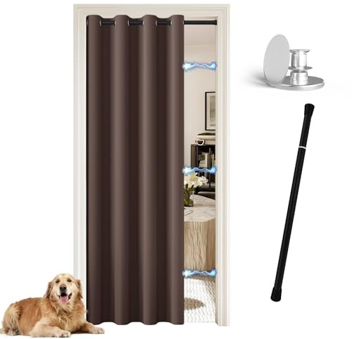 JCyh Cortina Puerta Exterior con Barra Telescópica, Cortina de Puerta Opaca con Botón Magnético para Dormitorio, 1 Pieza Cortinas Marrón con Trabillas para Cortina de Probador, Barra Negro 70-128 cm