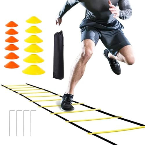 Agility träningsutrustning – koordinationsstege, fotbollsträningsset | hoppstege-set med 12 koniska markeringsskivor 4 jordspikar, justerbara sportstegar med bärväska för fotboll