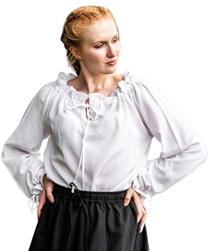 Leonardo Carbone® Damblus medeltida blus Edith | öppen axel | volangärmar | karneval, halloween, cosplay, LARP, kostym, medeltid, festliga kläder | 100 % bomull, Vit, XS