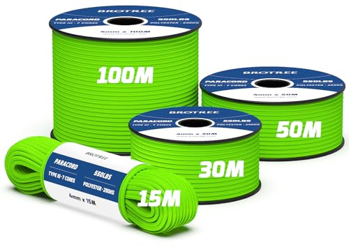 Brotree 550 Paracord 4mm 15m 100% Polyesterrep 7 Trådar Fallskärmslina Typ III Snöre Sladd för Utomhus, Camping, Hundkoppel, Överlevnad, Hantverk - 250kg Brottlast (Neongrön)