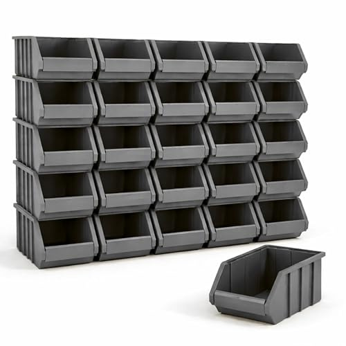 Rodopi 26er Set Stapelboxen, Größe M | Sichtlagerkästen 230x150x130mm | Robuste Lagerboxen für Werkstatt, Garage, Keller | Aufbewahrung für Kleinteile & Werkzeug | Sortierkästen Anthrazit