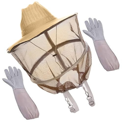 BESTonZON Guantes de Piel de Oveja Resistentes y Sombrero con Velo Apicultor Ventilado Protección Antipicaduras y Diseño Práctico para Apicultores Duradero y Cómodo para Trabajo Colmenas