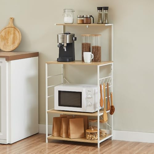 CASABEL Meuble Cuisine avec 4 étagères en Bois et Cadre métal Blanc, 60x40x123 cm, Meuble de Rangement Gain de Place pour Micro-Ondes et ustensiles