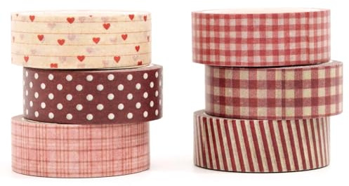 Songdao 6 rullar rutig washitejpset, maskeringstejp dekorativ Washi tejp för barn färgglad för scrapbooking, bullet dagbok, planerare, presentförpackning (röd)
