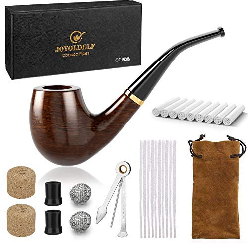 DIMJ Holz Tabak Pfeifen Set - Gebogen Ebenholz Pfeife mit Geschenkbox, Ebenholz-Tabakpfeifen zum Rauchen mit Tabakpfeifenreiniger, Pfeifenfilter, Pfeifenschaber und Raucherzubehör