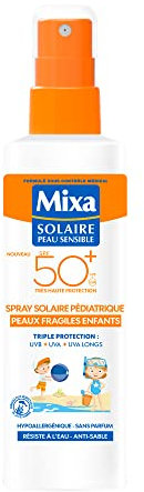 Mixa - Spray Solaire Pédiatrique SPF50+ Peaux Fragiles Enfants - Hypoallergénique, sans parfum, triple protection UVA, UVB, UVA longs