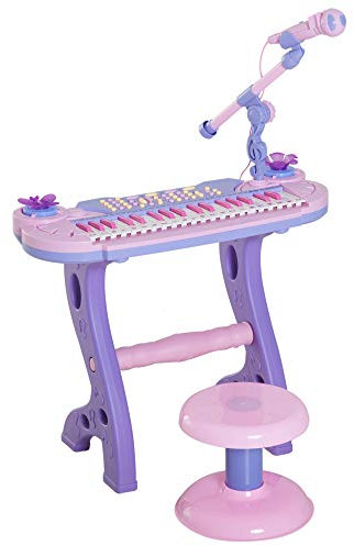 HOMCOM Pianola per Bambini a 37 tasti con Sgabello e Microfono, 12 Strumenti e 22 Musiche, Registrazione, MP3 e Karaoke, Rosa