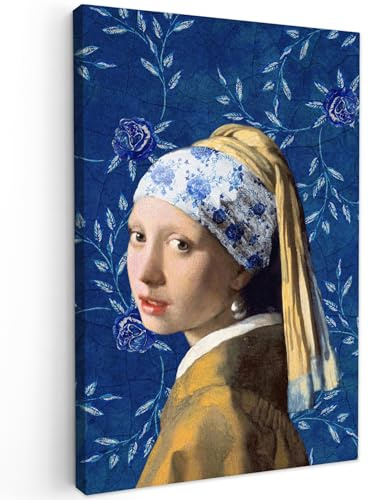 MuchoWow Leinwand Bilder, Einzigartige Wanddeko mit Rahmen, Mädchen mit Perlenohrring - Delfter Blau - Vermeer - Blumen - Gemälde - Alte Meister, Wandbilder Wohnzimmer, Deko Schlafzimmer 80x120 cm
