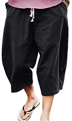 Onsoyours Pantaloncini Uomo Estivi Pantaloni di Lino Harem Leggeri Casual Elasticizzati Tinta Unita Pinocchietti Pantaloni alla Caviglia