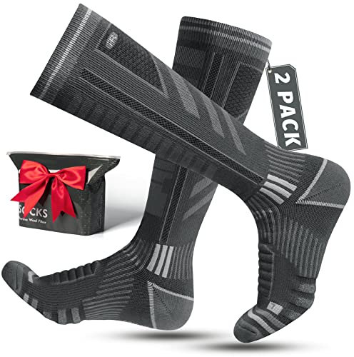 Rahhint 2 Paar Skisocken aus Merinowolle für Herren, Damen und Jugendliche, Kompressions-Snowboardsocken, Kniehohe, Dicke Thermosocken für Kaltes Wetter, Atmungsaktiv, Schnell Trocknend, Größe 35-51