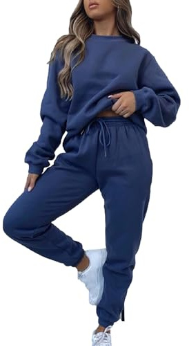 amropi Tuta da Donna Vello Foderato Pullover Felpa e Pantaloni Jogging Tute Blu,XL