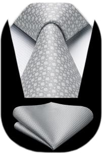 HISDERN Men's Grey Ties Wedding Tie Handkerchief Formal Business Necktie & Pocket Square Set