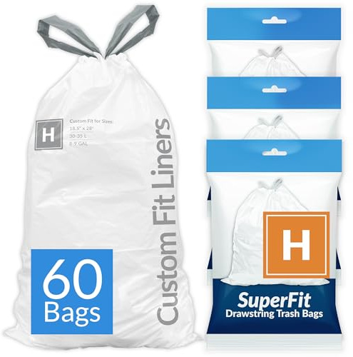 Reli. SuperFit Code H (60 Count) | Compatible with Simplehuman Code H | Dispenser Pack Custom Fit Liners | Drawstring Trash Bags | 30-35 Liter / 8-9 Gallon | White