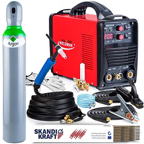 ALLWELD Weldman Tiger TIG 200 DC HF Puls - 200A Inverter DC WIG Schweißgerät mit HF-Zündung mit MMA - WIG Puls Schweißgerät für Kohlenstoff und Edelstahl uvm., Set zum Auswählen:Professional