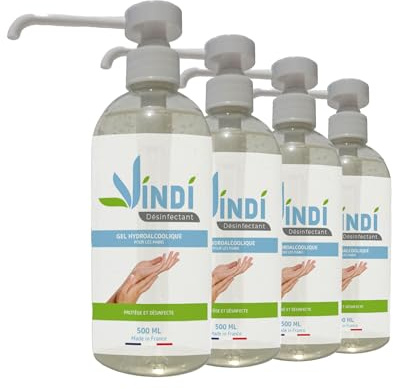 Vindi Désinfectant gel hydroalcoolique - Lot de 4 flacons pompe de 500ml - Fabrication Française - 76% d'alcool - Désinfection des mains - Virucide