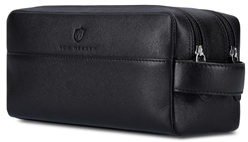 VON HEESEN Kulturbeutel Leder Kulturtasche für Herren & Damen - Echtleder Necessaire ideal zum Reisen - Waschtasche und Kosmetiktasche mit Zwei Hauptfächern Schwarz (Saffiano)